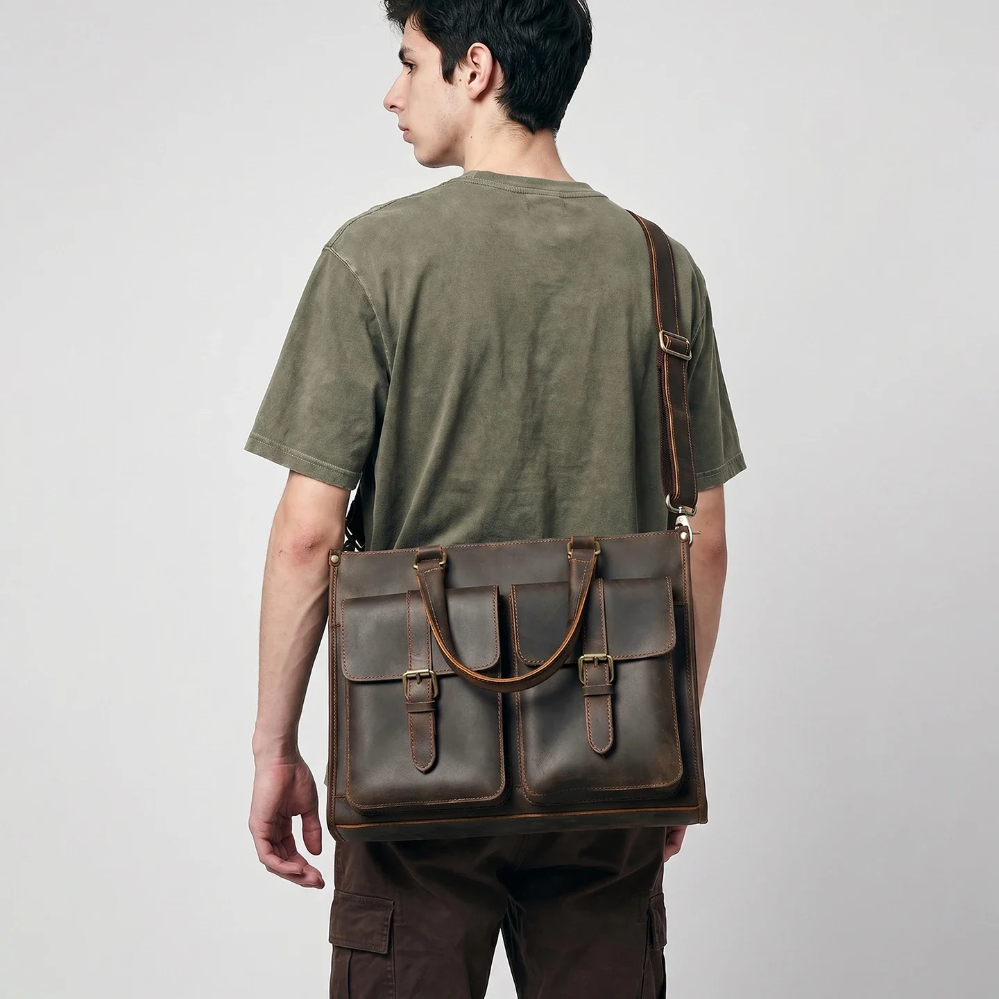 Leather Work Bag Mens - Vintage Hakiki Deri Erkekler İçin Çapraz