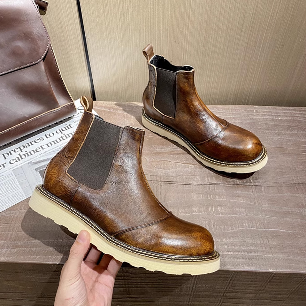 Leather Work Western - Retro Erkek Hakiki Deri Chelsea Botları