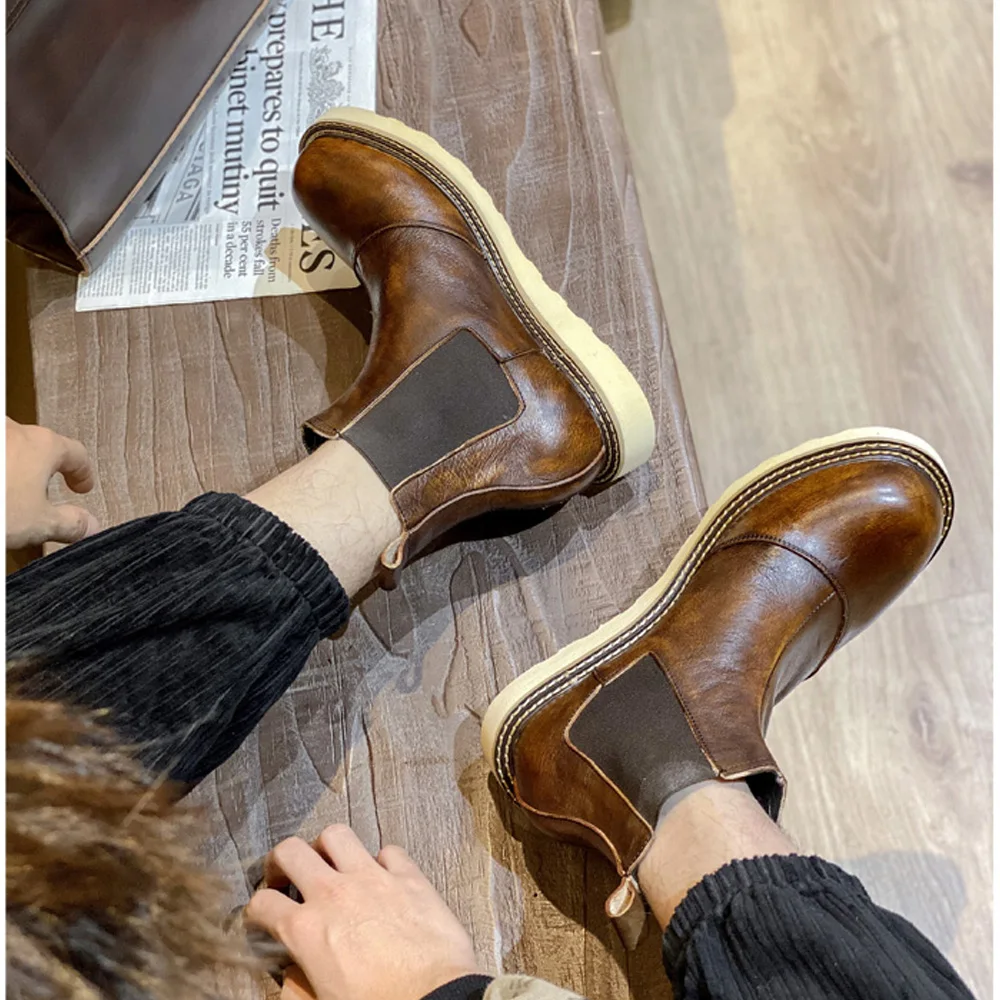 Leather Work Western - Retro Erkek Hakiki Deri Chelsea Botları