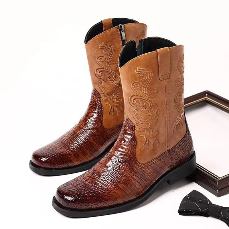 Leather Work Western - Nakış Erkek Botları Retro Kovboy Botları